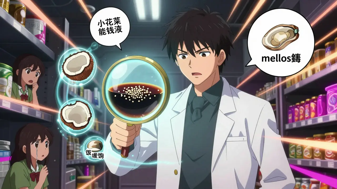 Heroic figure revealing hidden allergens like sesame and coconut through a magnifying glass hologram.