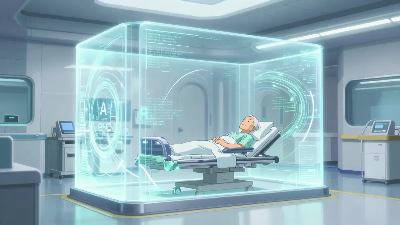 Holographic shield protecting sleeping patient in sci-fi hospital