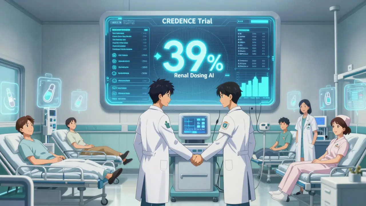 Medical heroes activate a holographic renal dosing AI in a futuristic hospital, with CREDENCE trial data glowing above.