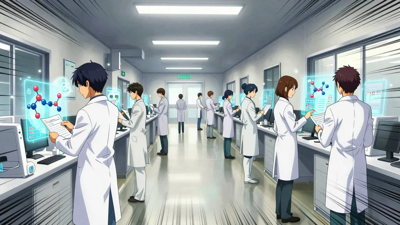 Medical staff collaborating efficiently in a modern hospital hallway.