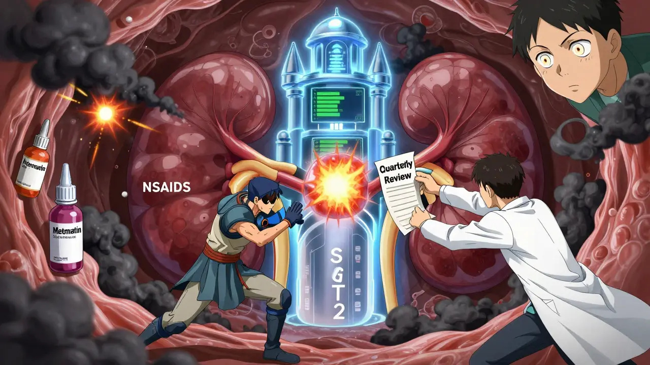 Metformin and SGLT2 inhibitors battle NSAIDs inside a glowing kidney fortress, with a pharmacist activating a protective scroll.