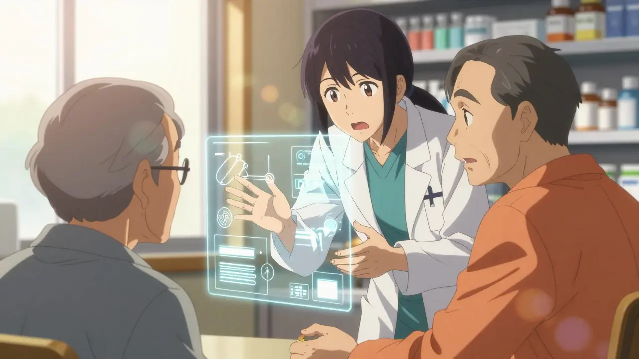 Pharmacist reassuring a concerned patient during medical consultation.