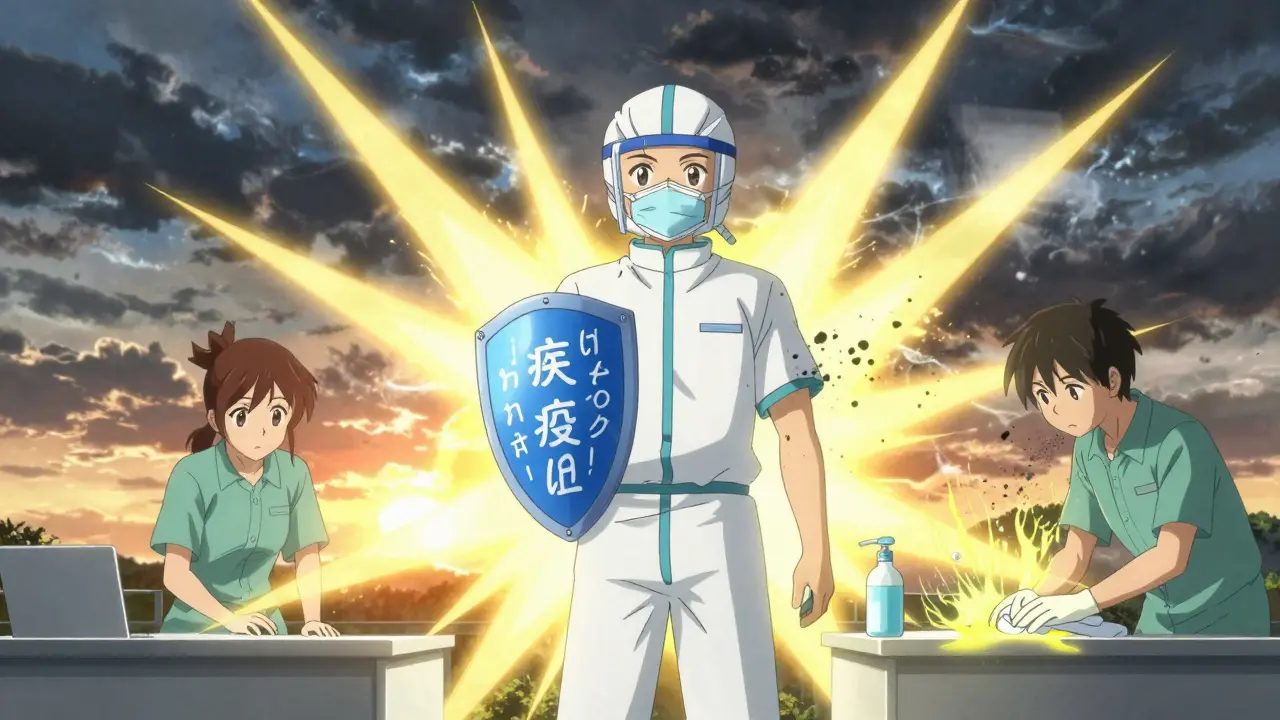 Three figures symbolizing immunity, decontamination, and prevention in a radiant anime scene.
