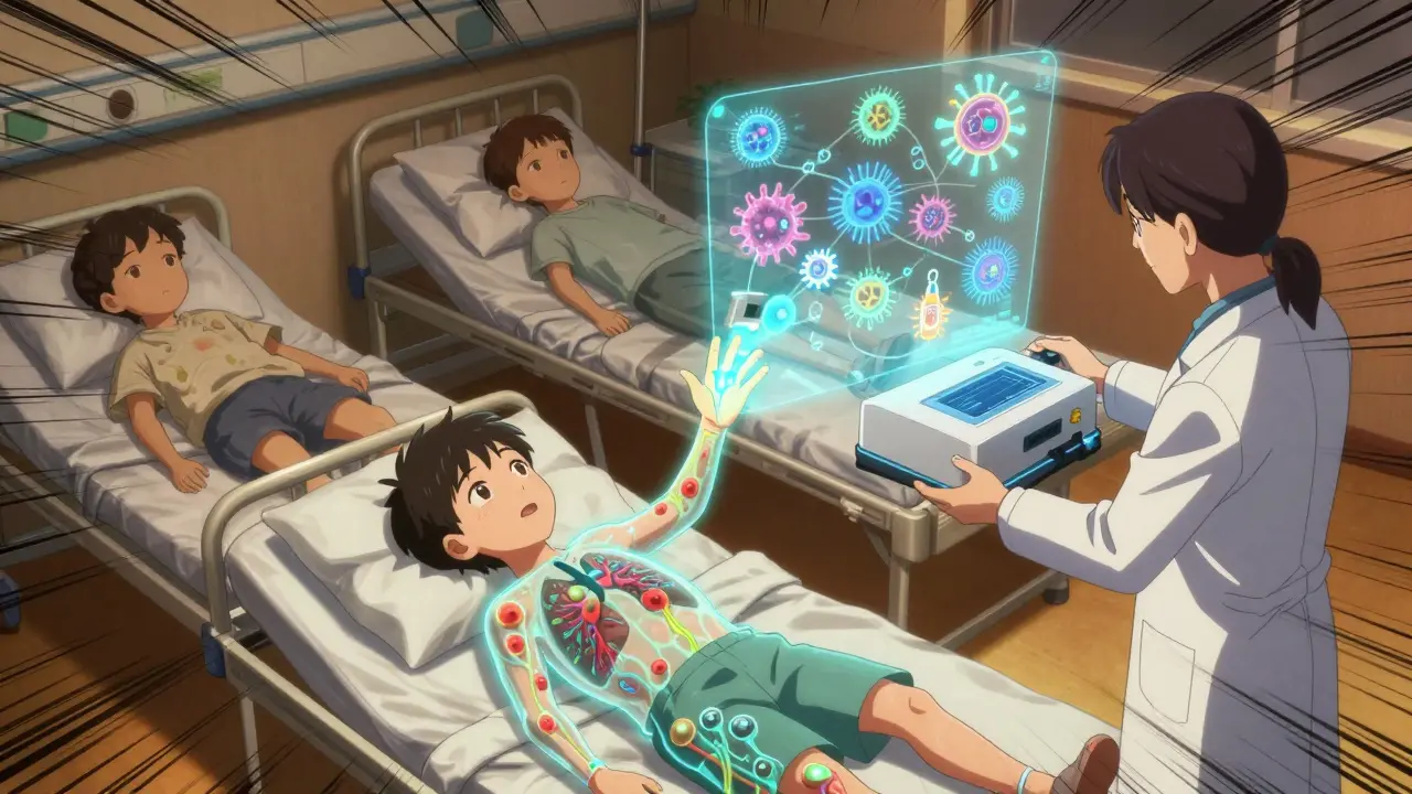 Translucent children in a hospital reveal hidden fungal infections as a glowing PCR machine detects unseen pathogens, with T-cells flowing into their bodies.