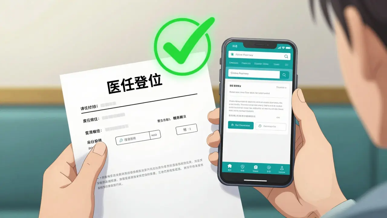 A hand holding a prescription next to a secure pharmacy website with a green checkmark.