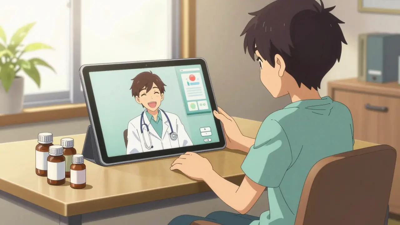 A person having a telehealth doctor's appointment on a tablet at home.
