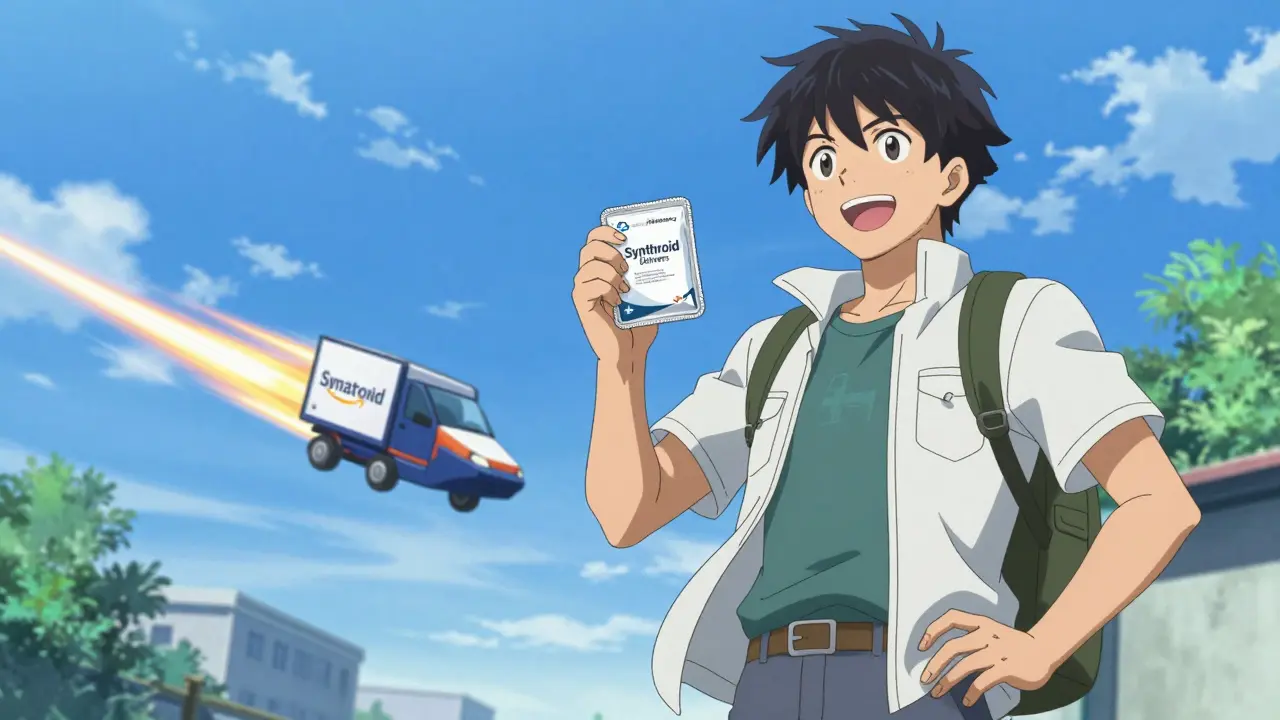 Anime character happily receiving a medical delivery package at home