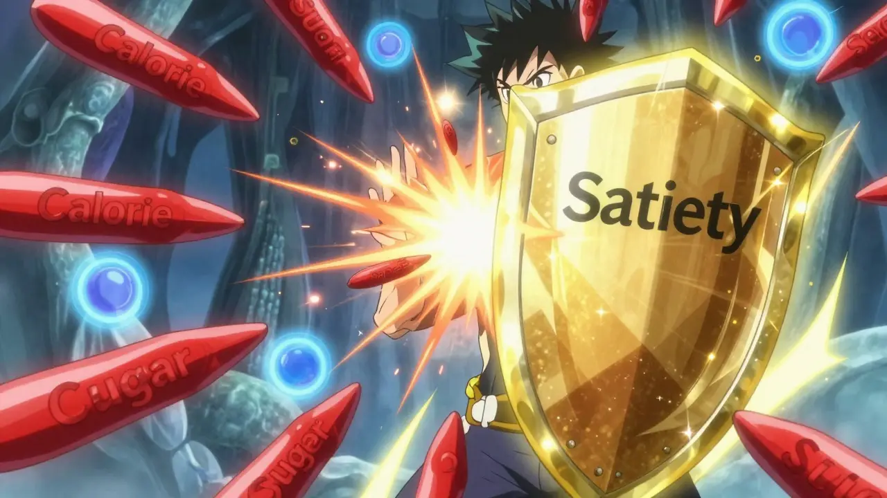 Anime character using a golden gel shield to block calories and sugar spikes.