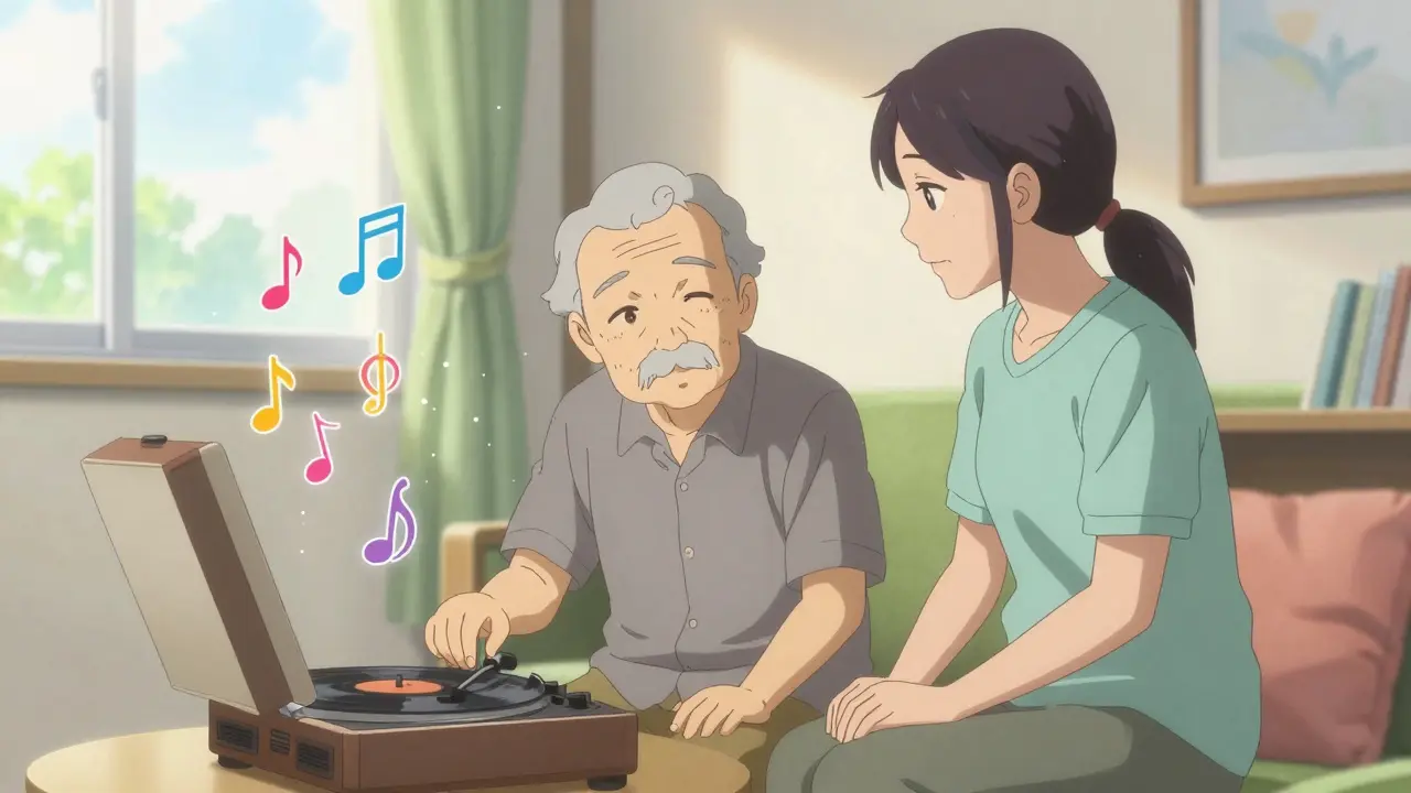 Anime illustration of a senior and caregiver enjoying music therapy in a bright room
