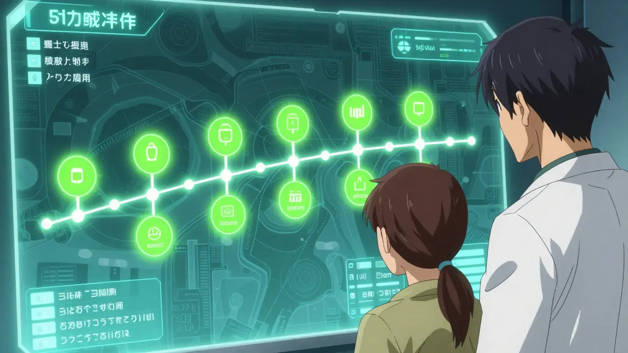 Anime scene of a doctor and patient analyzing a glowing timeline for vaccine scheduling.