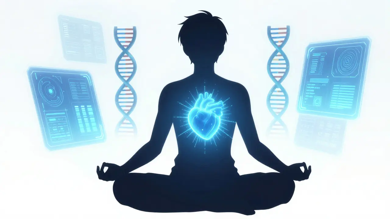 Anime silhouette of a person with a glowing heart and futuristic DNA holograms.