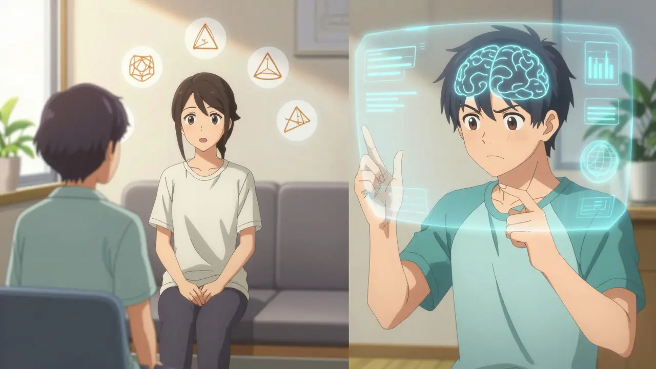 Anime split-screen showing a person in therapy and using a cognitive training app.