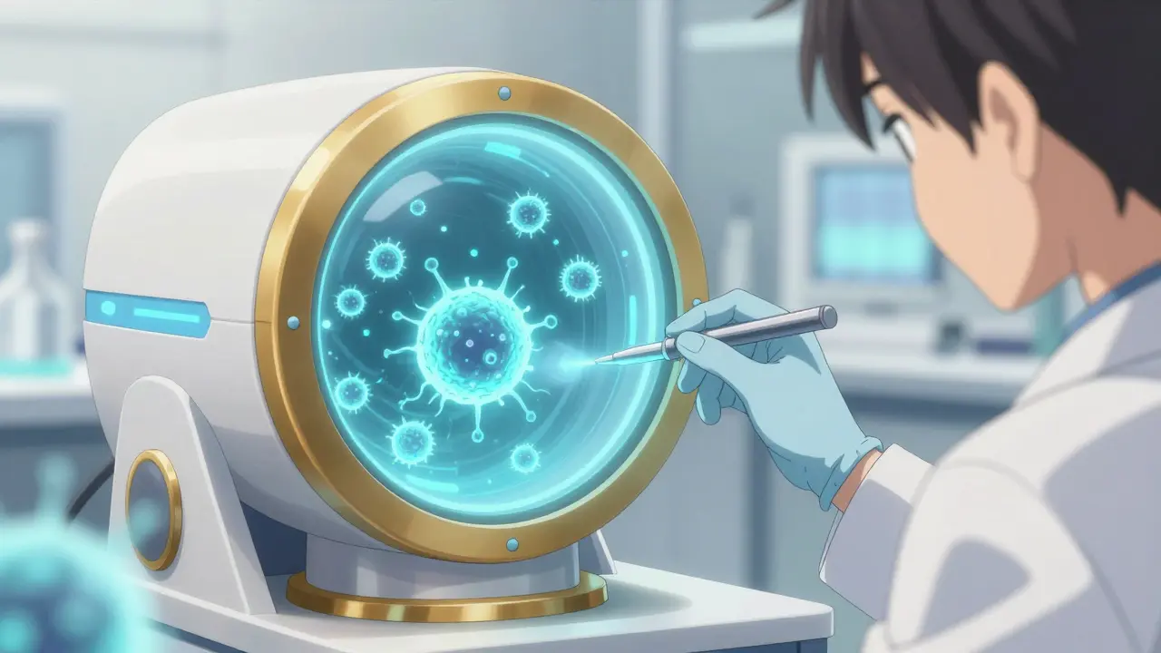Anime style close-up of glowing immune cells being analyzed by a futuristic medical scanner.