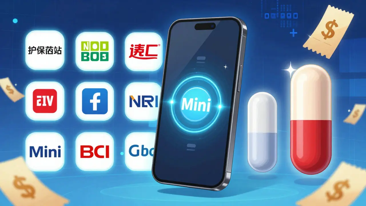 Anime-style digital display of a smartphone with medicine capsule sizes and discount icons