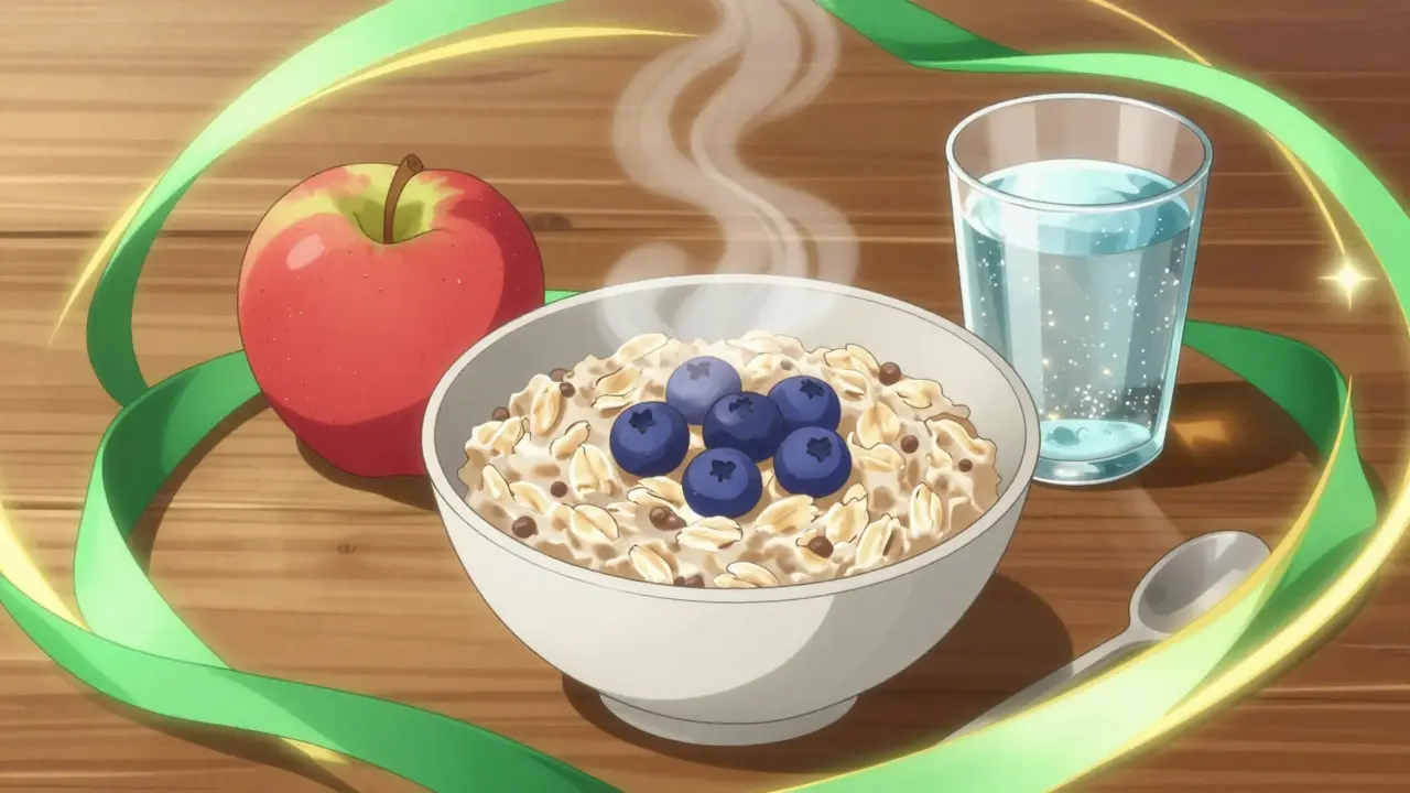 Anime style healthy breakfast with oats, berries, and water surrounded by energy auras.