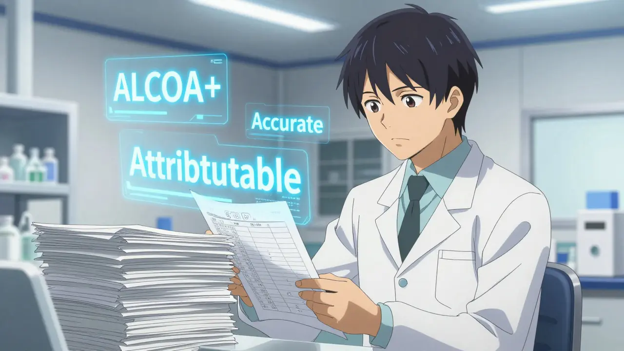 Anime style inspector reviewing records with glowing ALCOA+ principles around them.