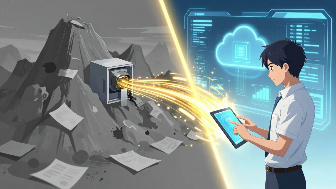 Anime style transition from a pile of paper records to a futuristic digital system.