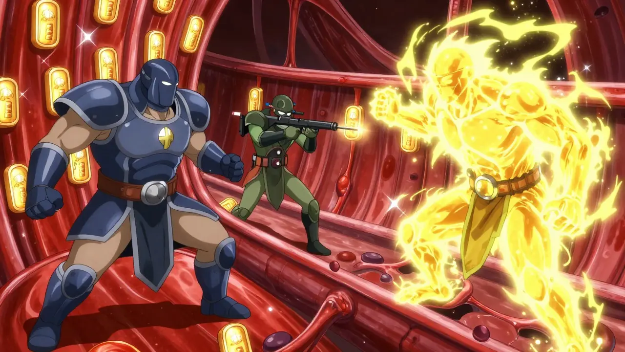 Anime warriors blocking adrenaline molecules from heart receptors in a bloodstream.