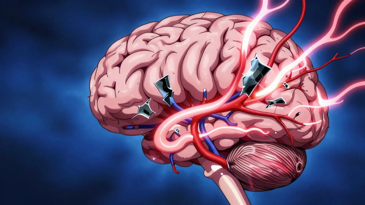Conceptual anime art showing flickering blood vessels in a brain to represent stroke risk