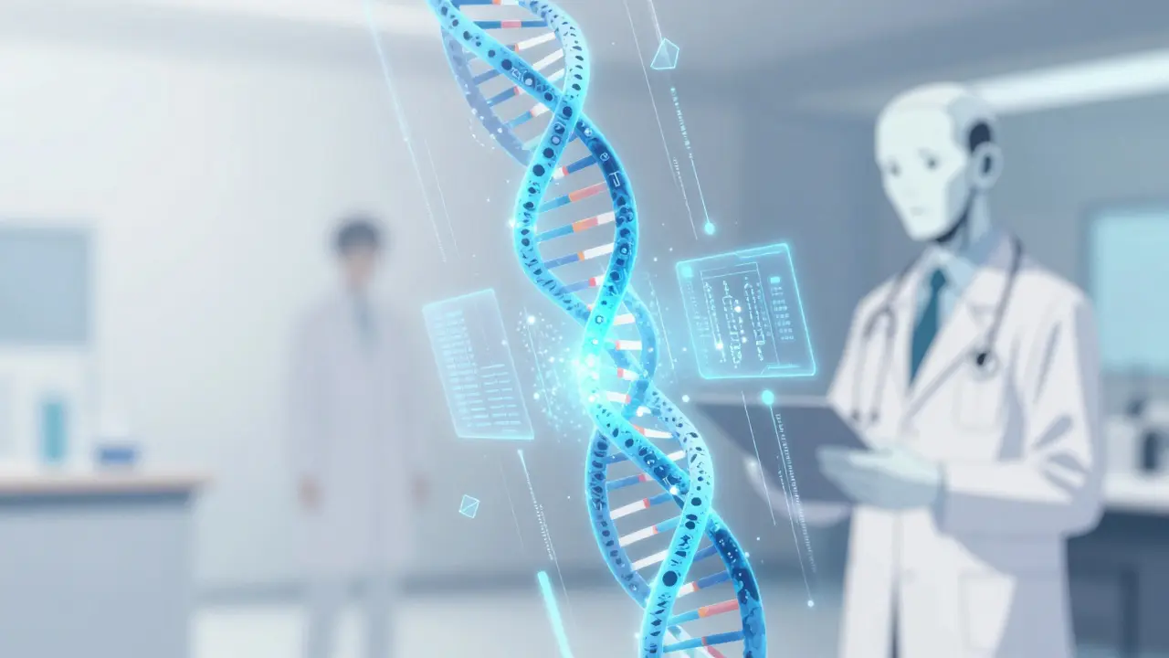 Futuristic anime visualization of a DNA helix with AI data streams and digital genomic markers.