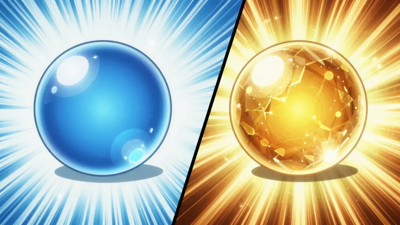 Split screen anime art comparing generic and brand name medication orbs