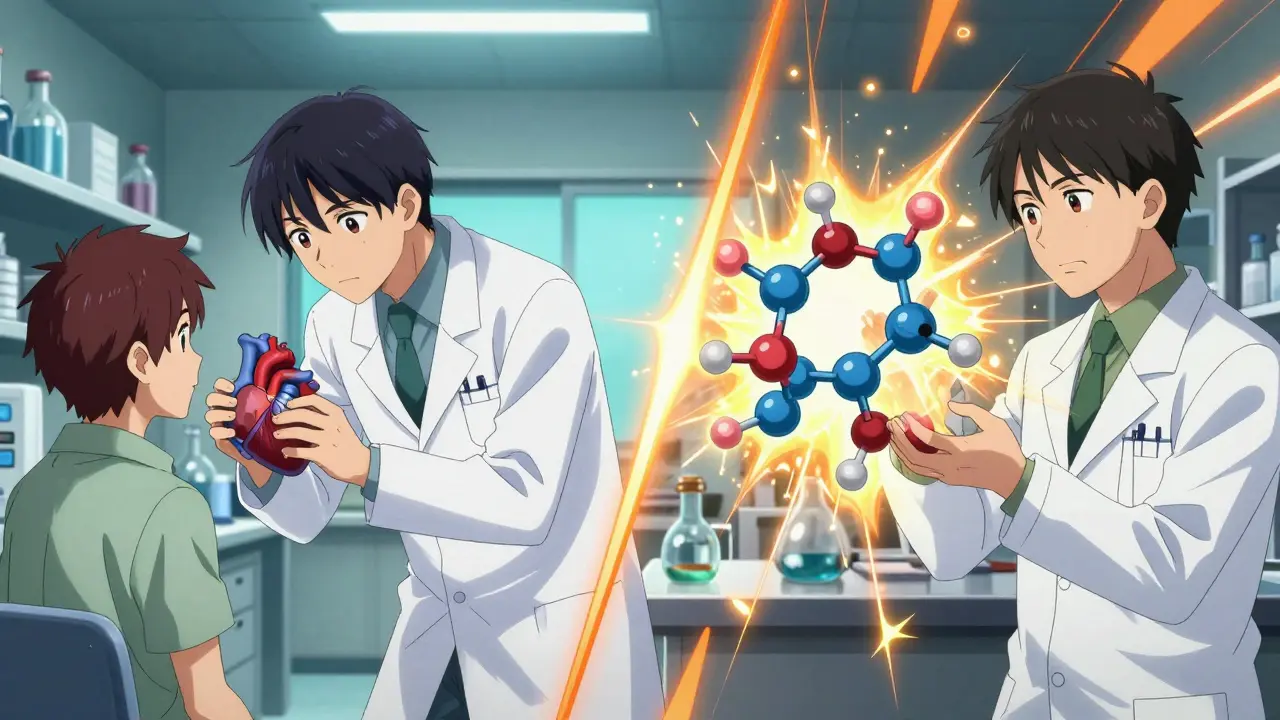 Split-screen anime art showing a doctor treating a patient and a scientist analyzing a chemical molecule.