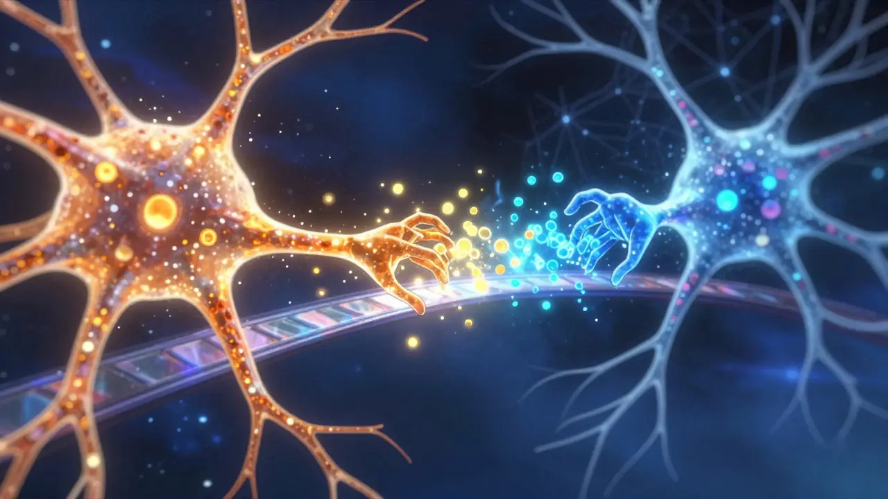 Stylized anime depiction of neurons and neurotransmitters in a cosmic synaptic cleft.