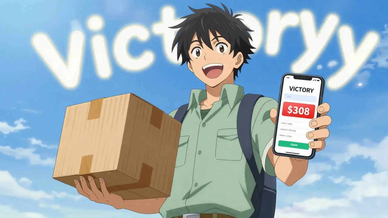 Triumphant anime character holding a delivered package and a smartphone with a coupon