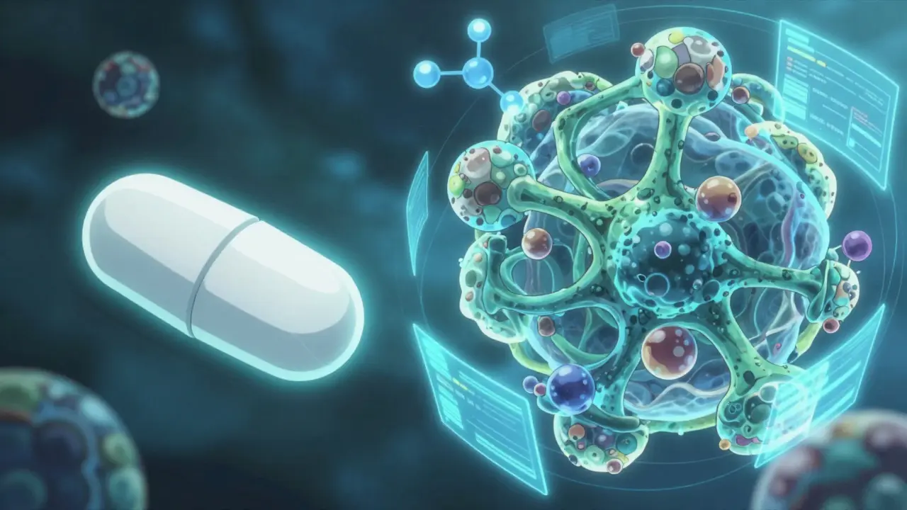 Visual contrast between a simple pill and a complex biological molecule in shounen anime style.