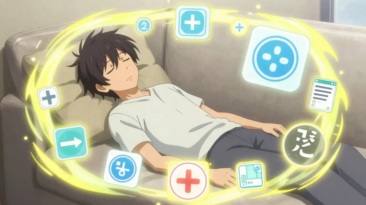 Anime character protected by safety seal aura while resting