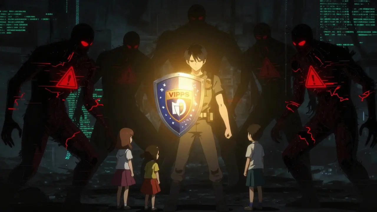 Anime character shielding family from shadowy scam monsters