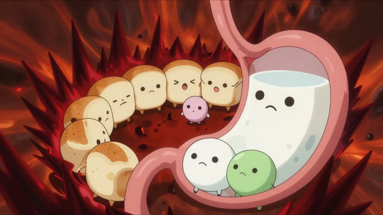 Anime depiction of food protecting medicine from stomach acid inside body