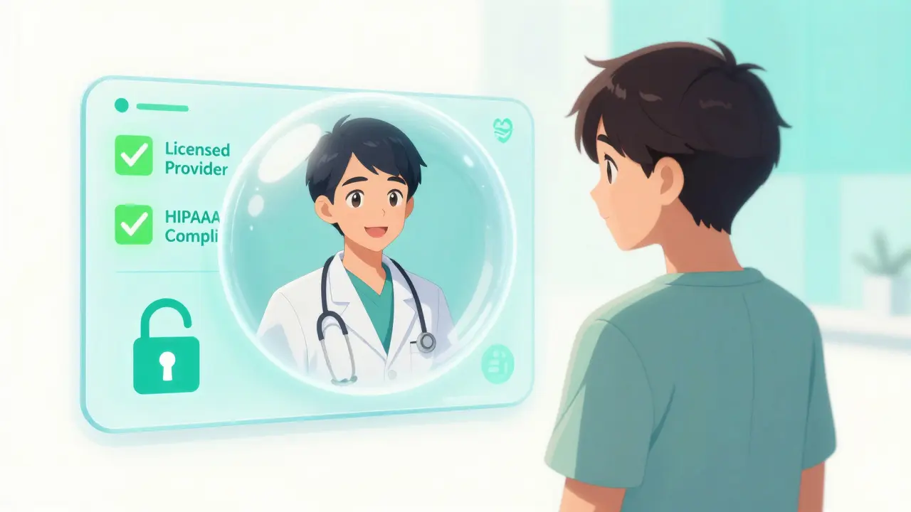 Anime hero consulting a doctor via safe holographic telehealth app