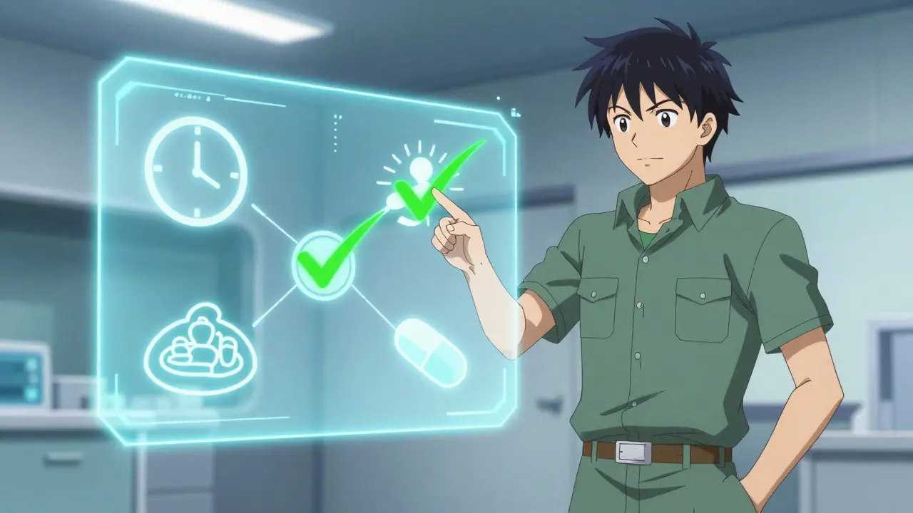 Anime hero reviewing a chart about correct medication timing rules