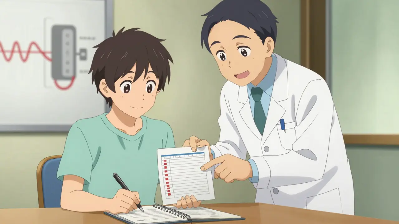 Anime patient and doctor reviewing symptom log