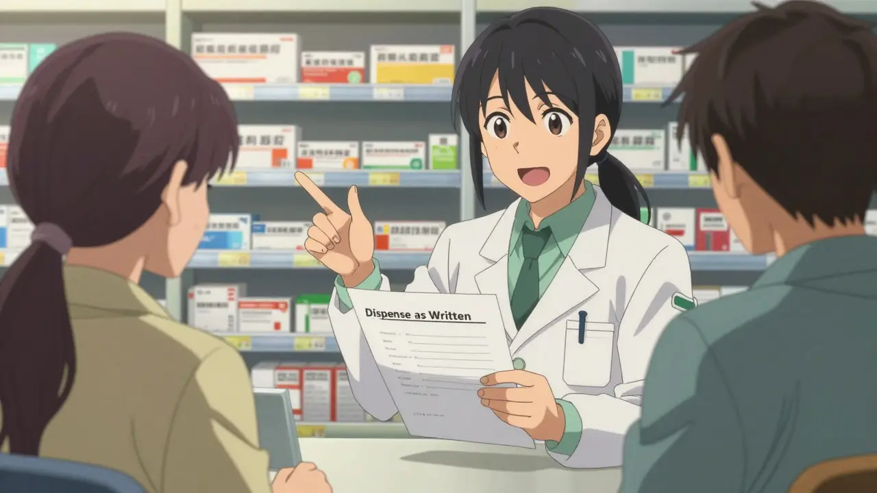 Anime-style pharmacist explaining prescription options and manufacturer differences to a patient in a pharmacy.