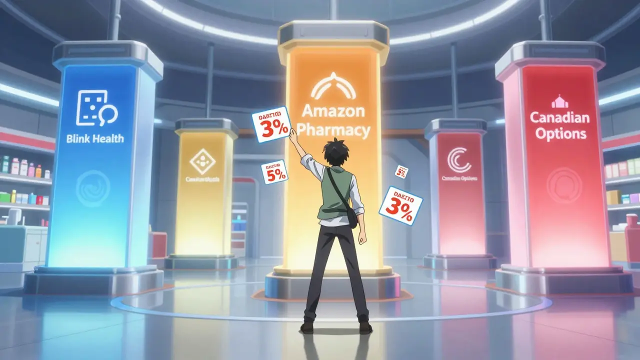 Character comparing prices at digital pharmacy marketplace