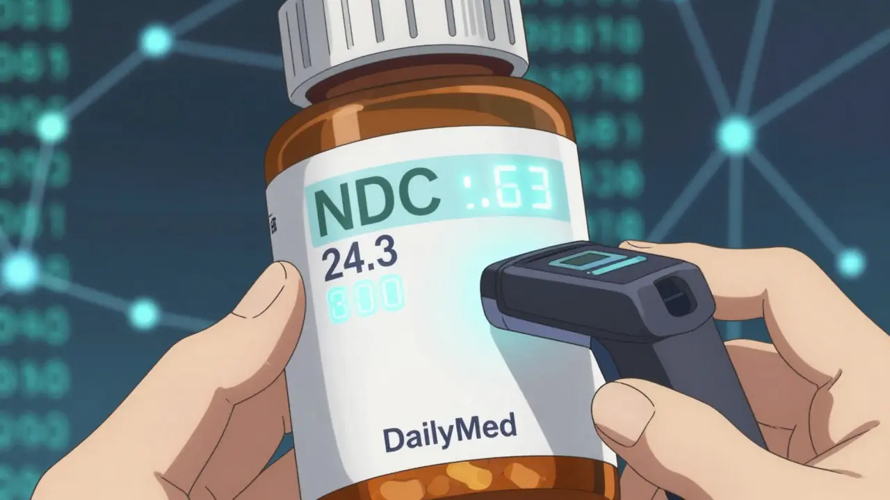 Close up of glowing NDC code on medicine bottle