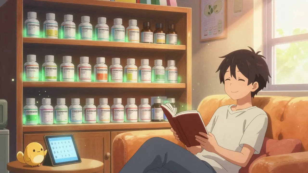 Cozy anime scene of organized medicine cabinet and relaxed user