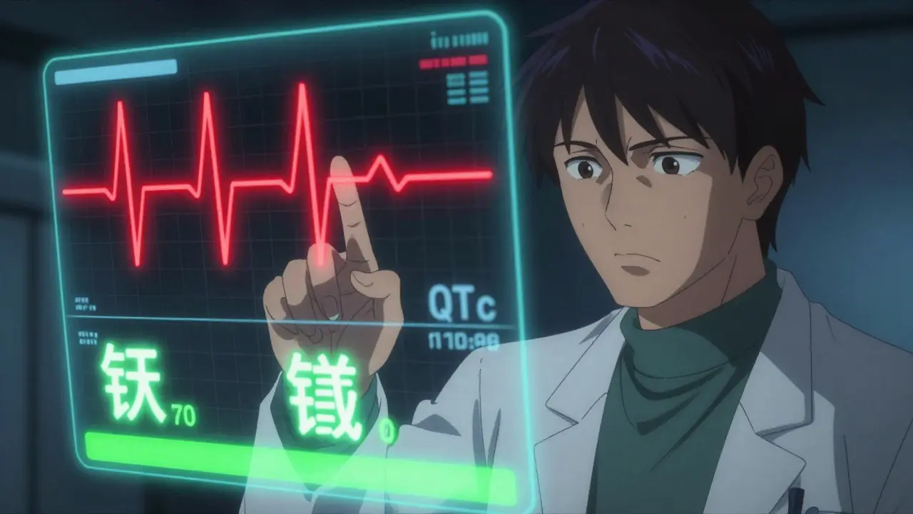 Doctor examining a holographic ECG chart showing dangerous heart rhythm spikes.