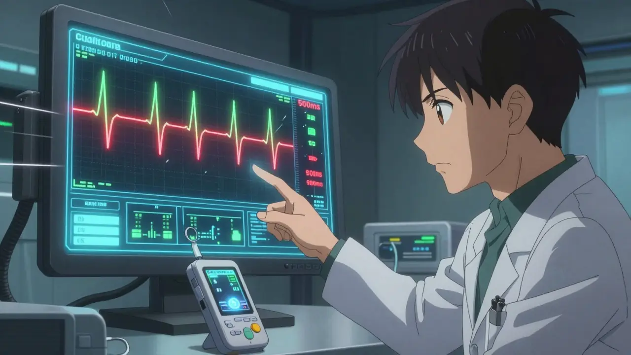 Doctor monitoring critical heart rhythm data on a futuristic screen