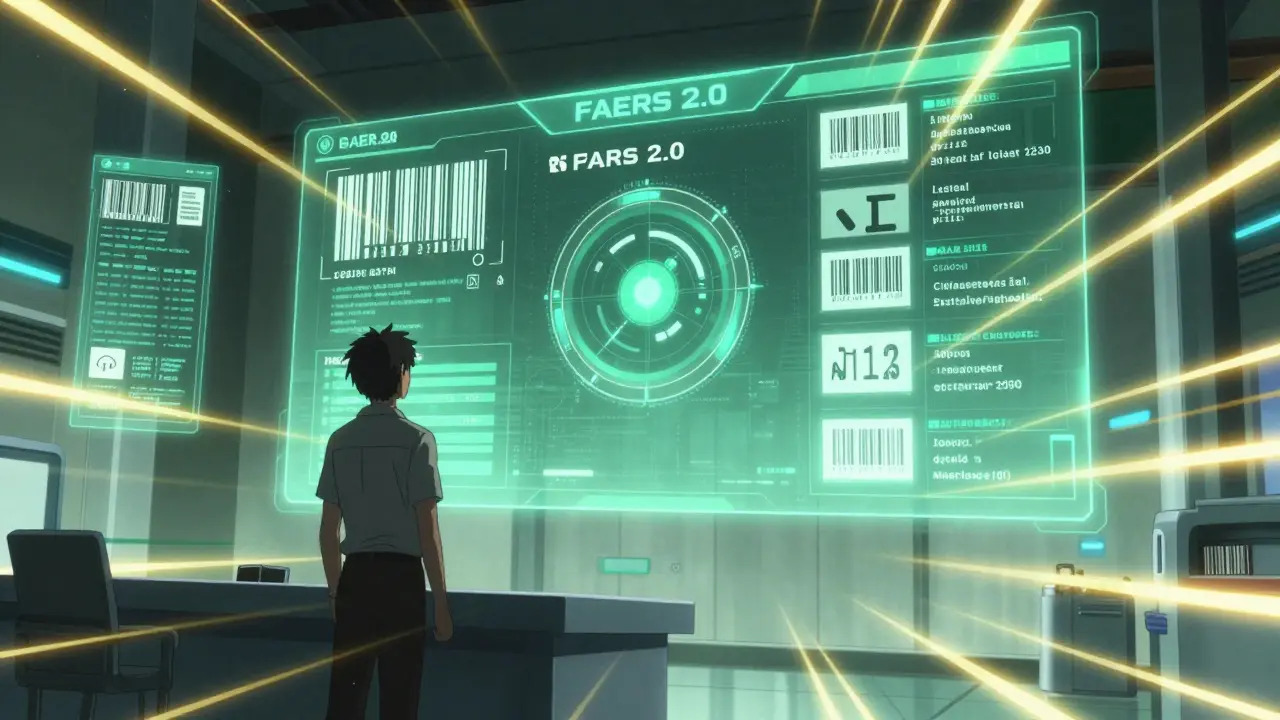 Futuristic data screens tracking generic drug safety