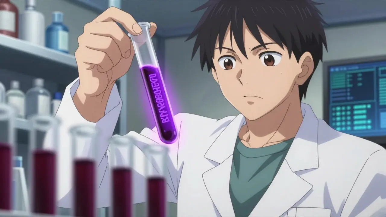 Glowing purple blood sample in lab test tube being examined