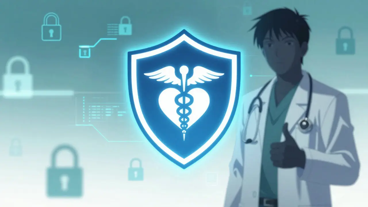 Glowing shield symbolizing safe medical verification