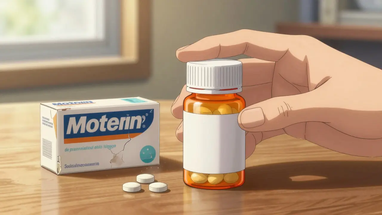 Hand choosing generic pills over fading brand name box