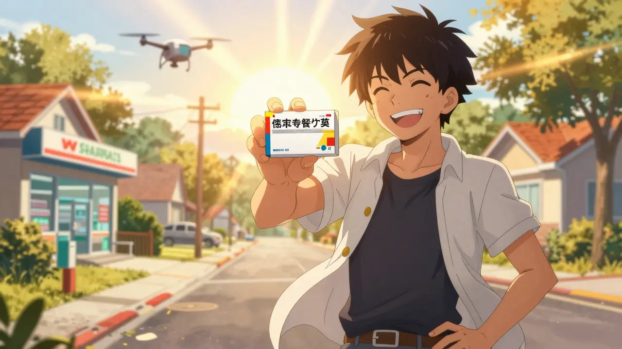Happy anime character receiving prescription meds with sunny background