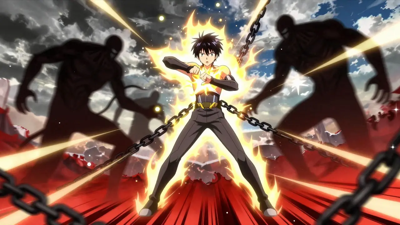 Heroic anime character breaking free from dark shadow monsters