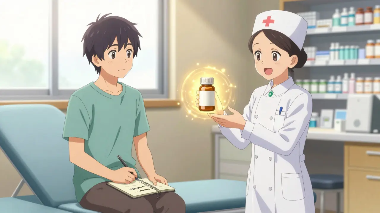 Patient keeping a symptom journal while consulting a nurse for safer medication options.