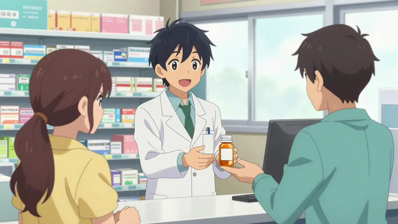 Pharmacist handing prescription bottle to happy customer