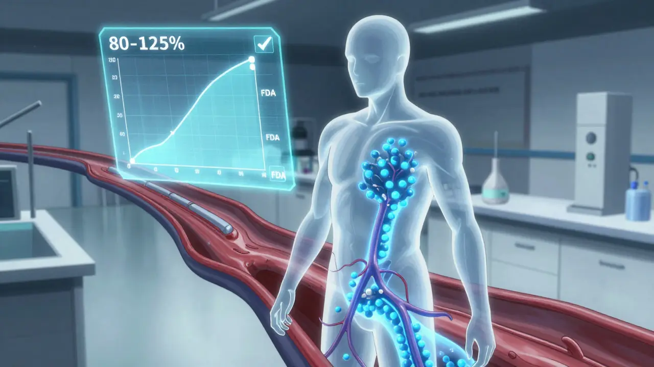 Stylized anime visualization of drug absorption in the body with glowing particles and bioequivalence data.
